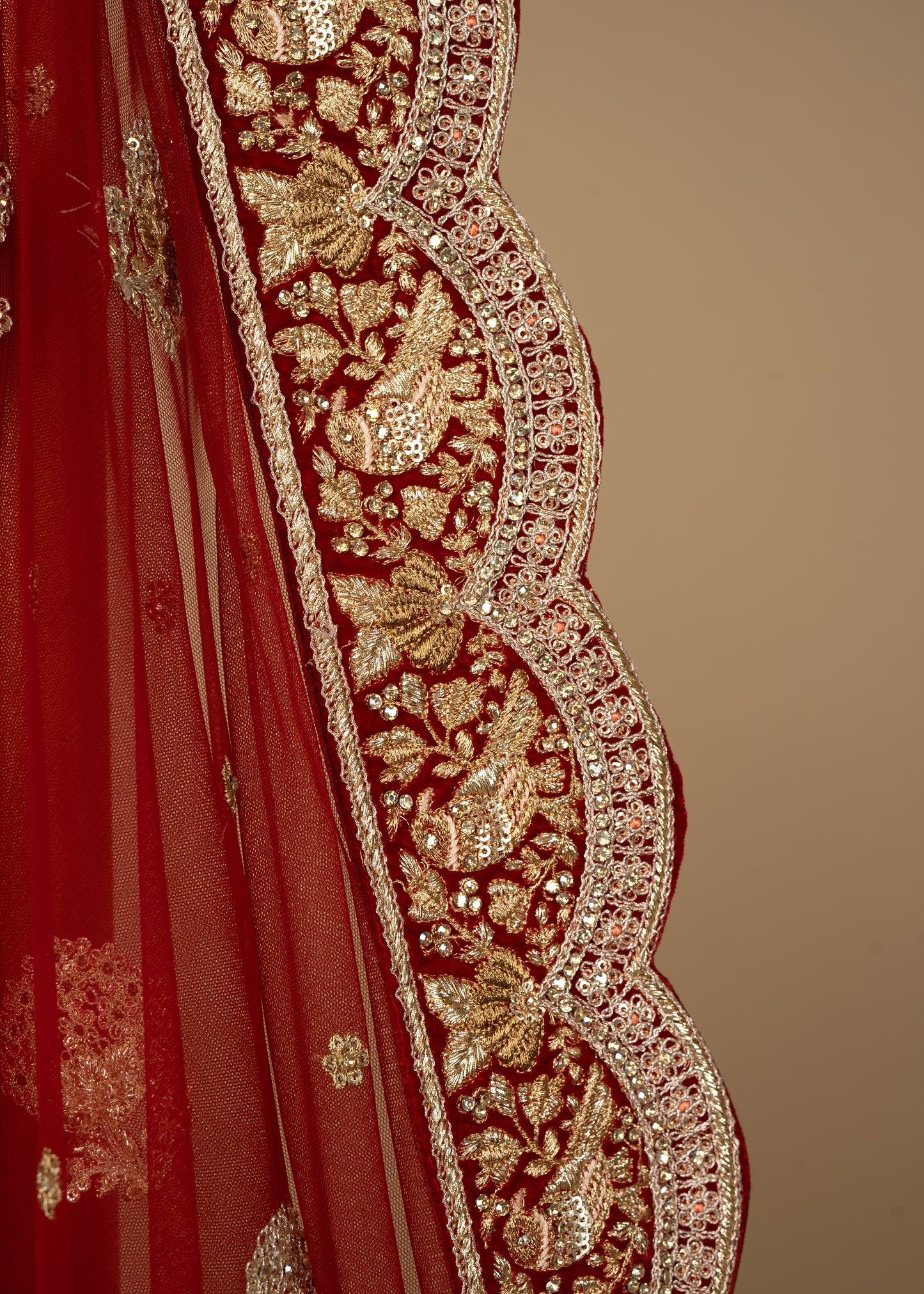 Reddish Maroon Designer Mehrav Chidiya 9K Velvet Bridal Lehenga