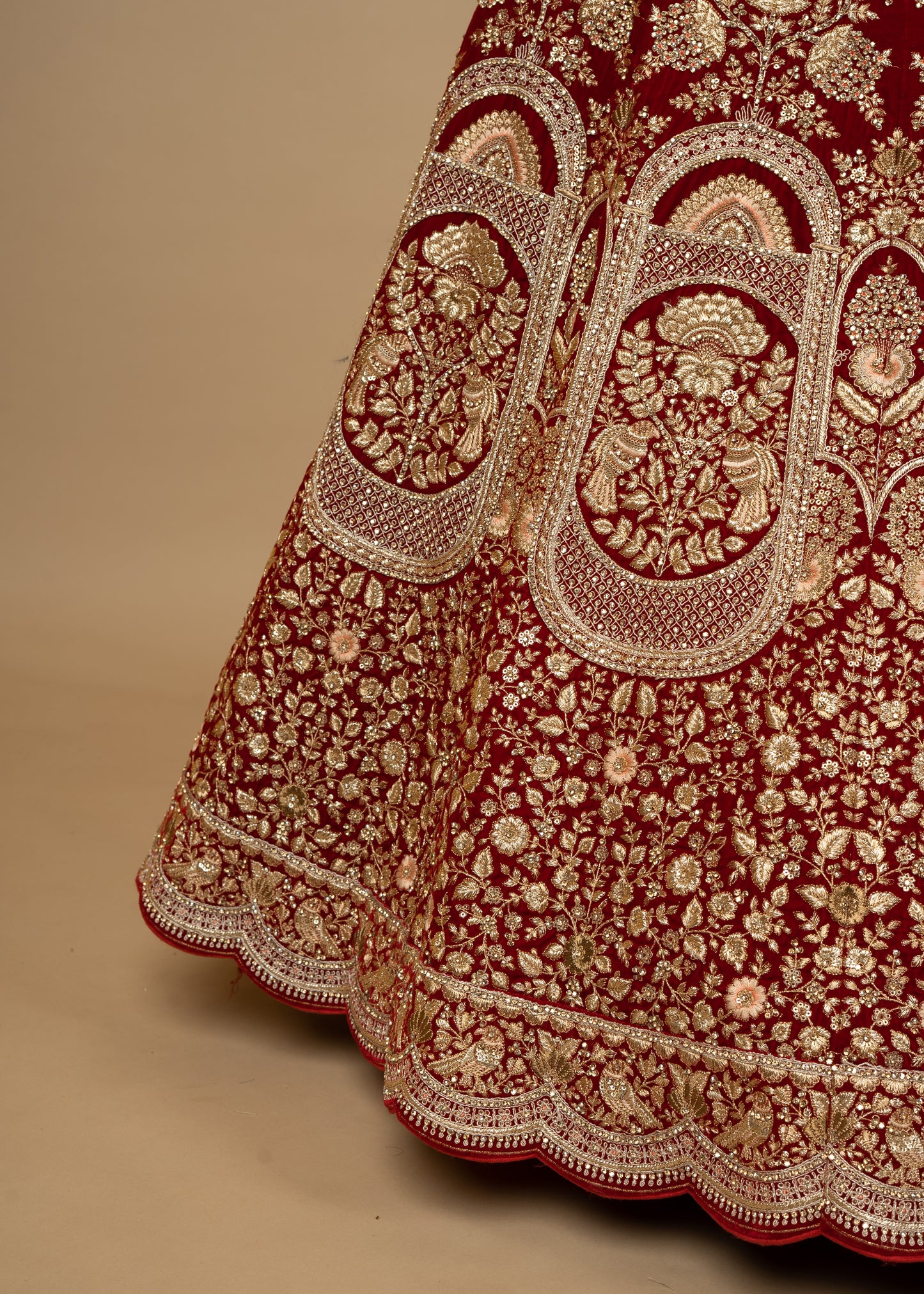 Reddish Maroon Designer Mehrav Chidiya 9K Velvet Bridal Lehenga