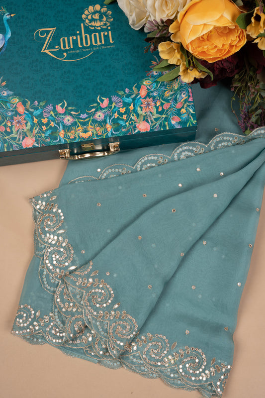 Sea Green Corner Big Butta Organza Saree