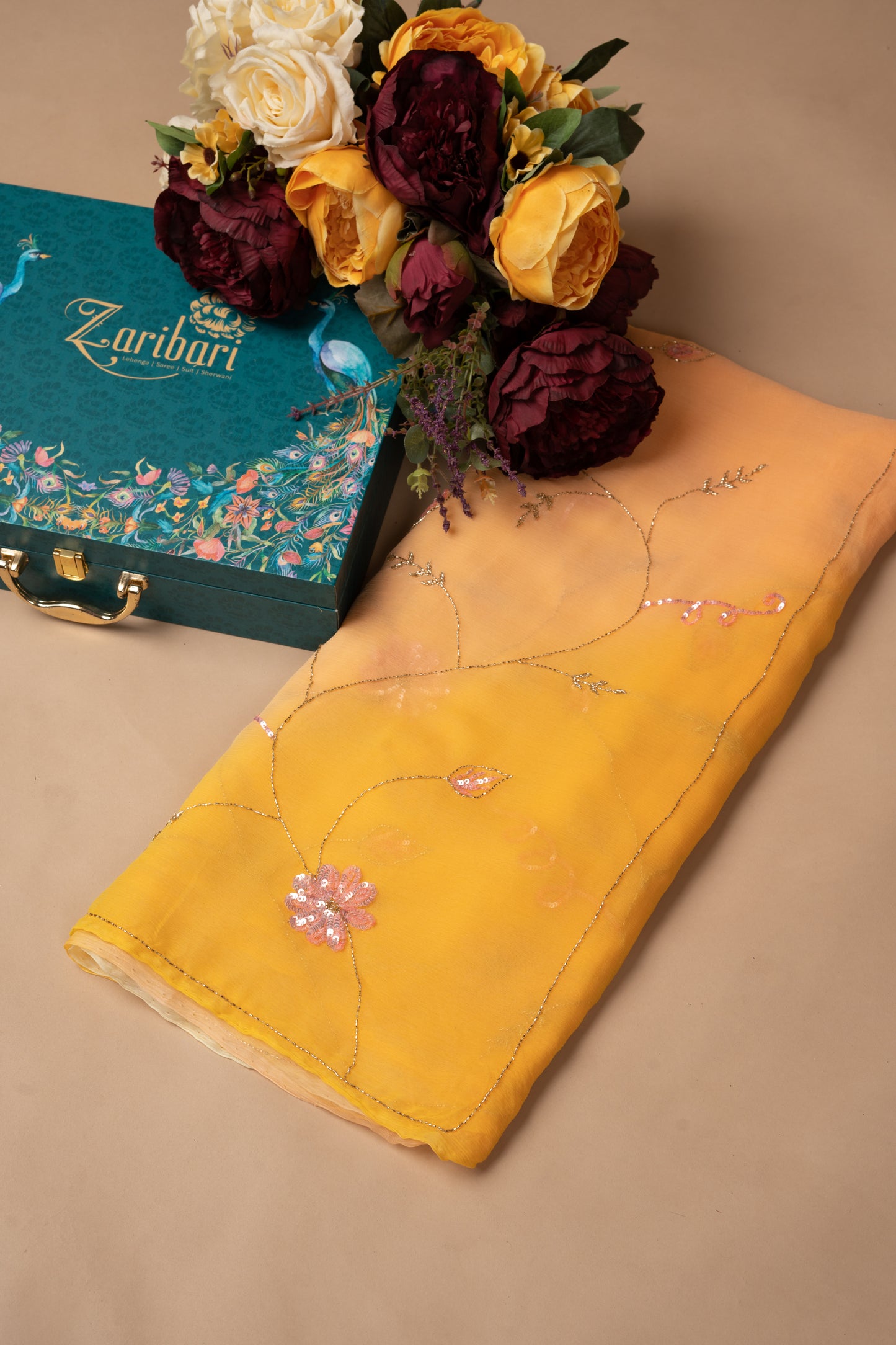 Shaded Yellow Pink Sequins Butta Pure Chiffon Saree