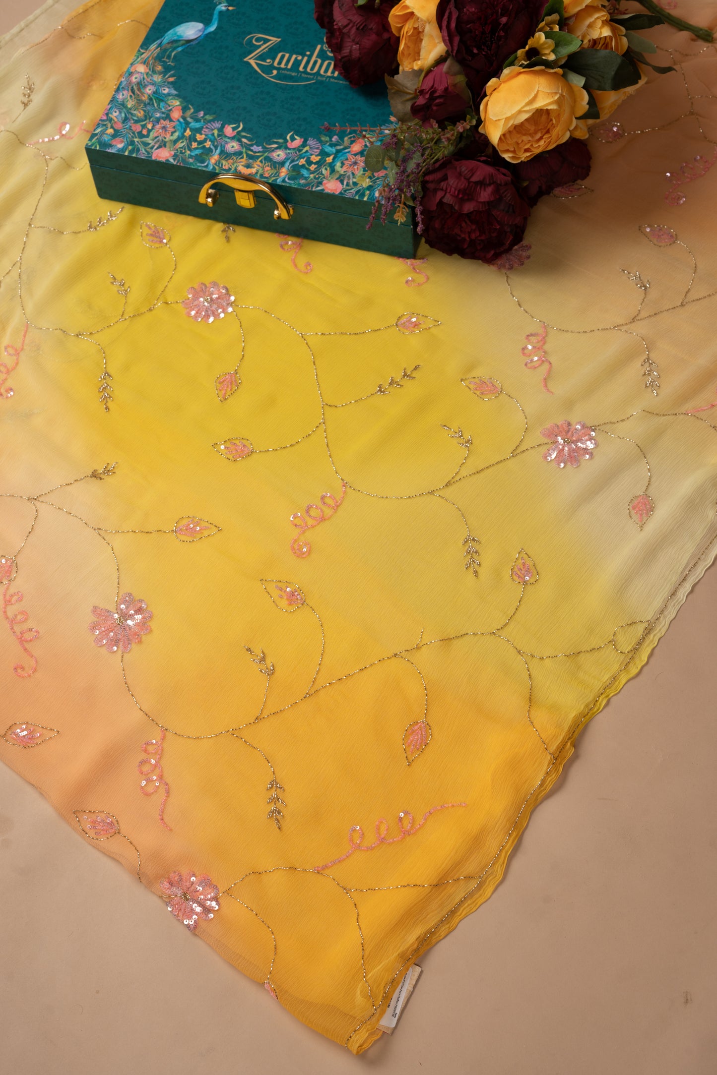 Shaded Yellow Pink Sequins Butta Pure Chiffon Saree