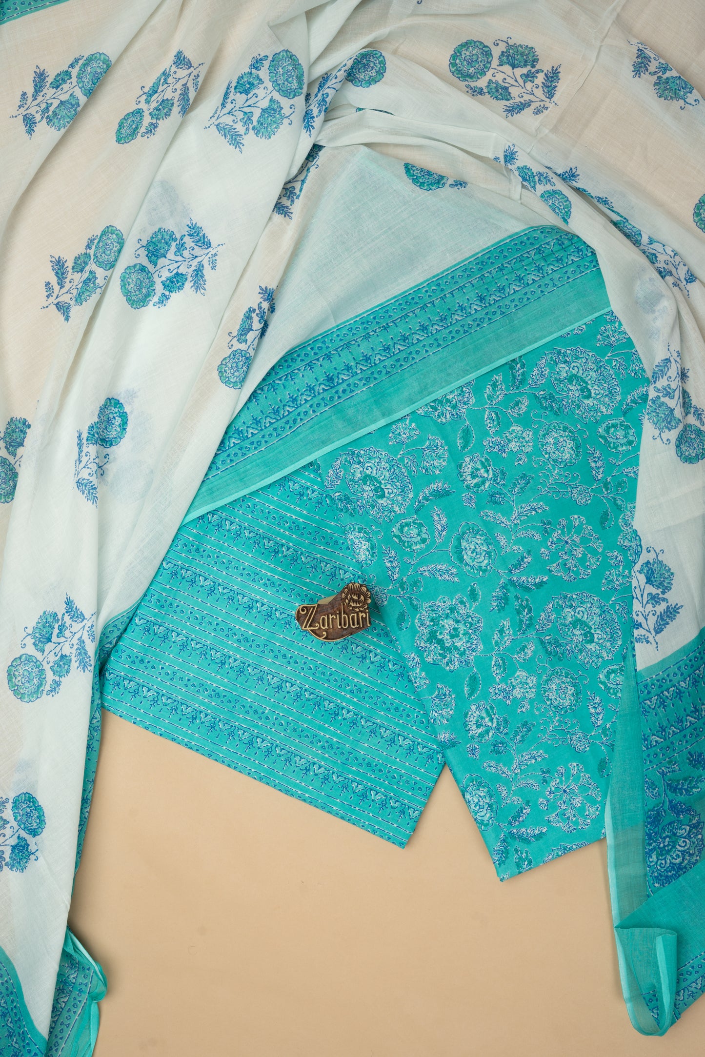 Sky Blue Printed D4 Cotton Unstitched Suit