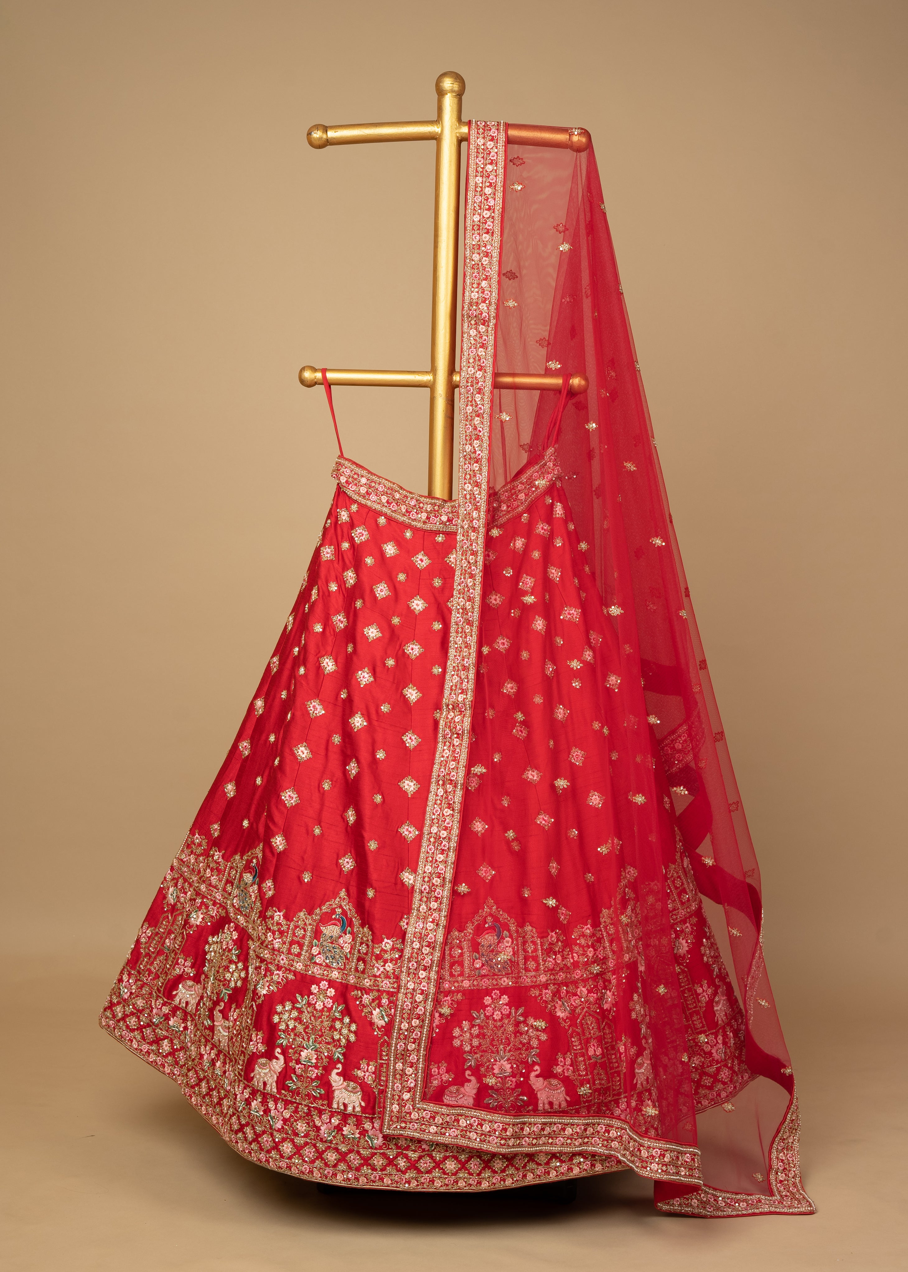 TamatariRedDesignerElephantPeacockRawSilkBridalLehenga1