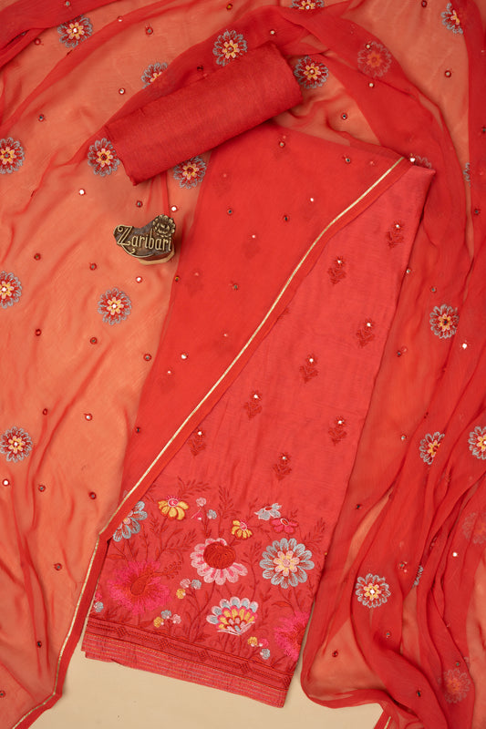 Tomato Red ISM 231517 Chanderi Silk Unstitched Suit