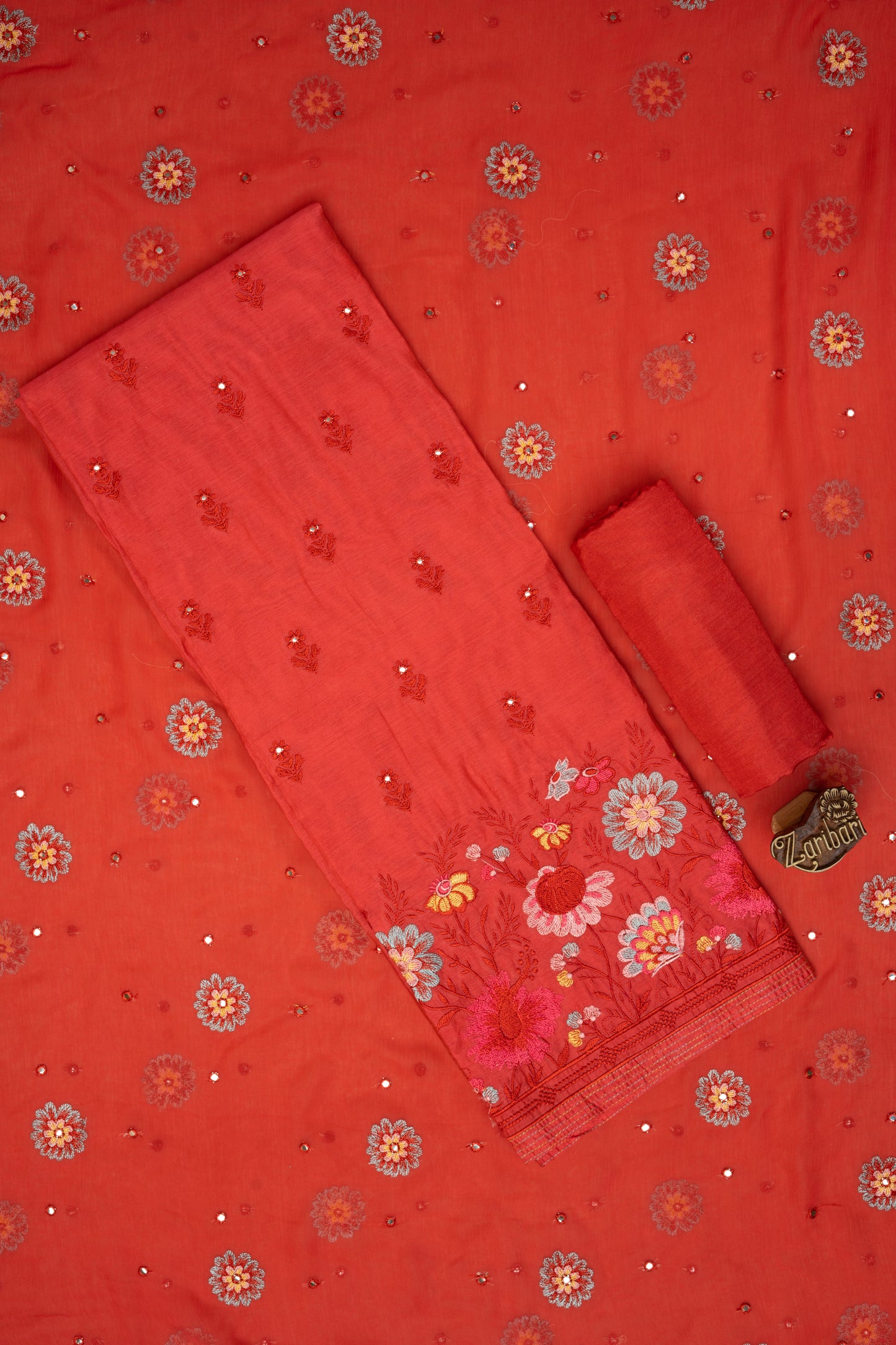 Tomato Red ISM 231517 Chanderi Silk Unstitched Suit