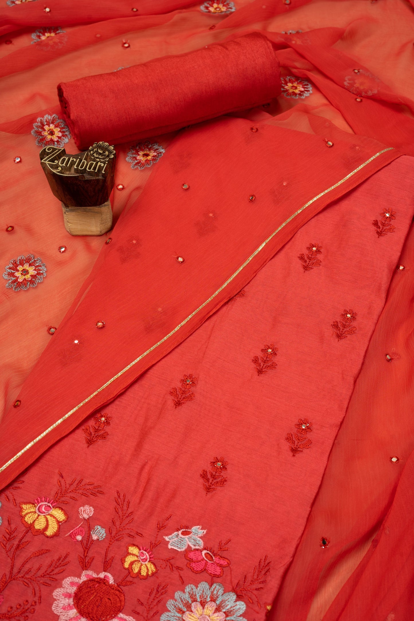 Tomato Red ISM 231517 Chanderi Silk Unstitched Suit