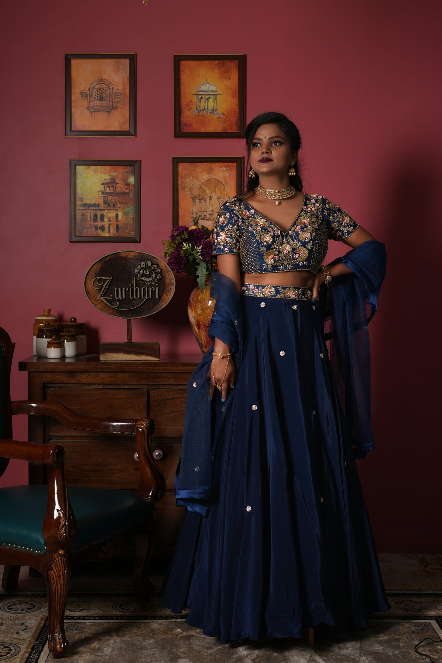 Teal Blue Designer Kardana Sequins Flower Crepe Silk Crop Set