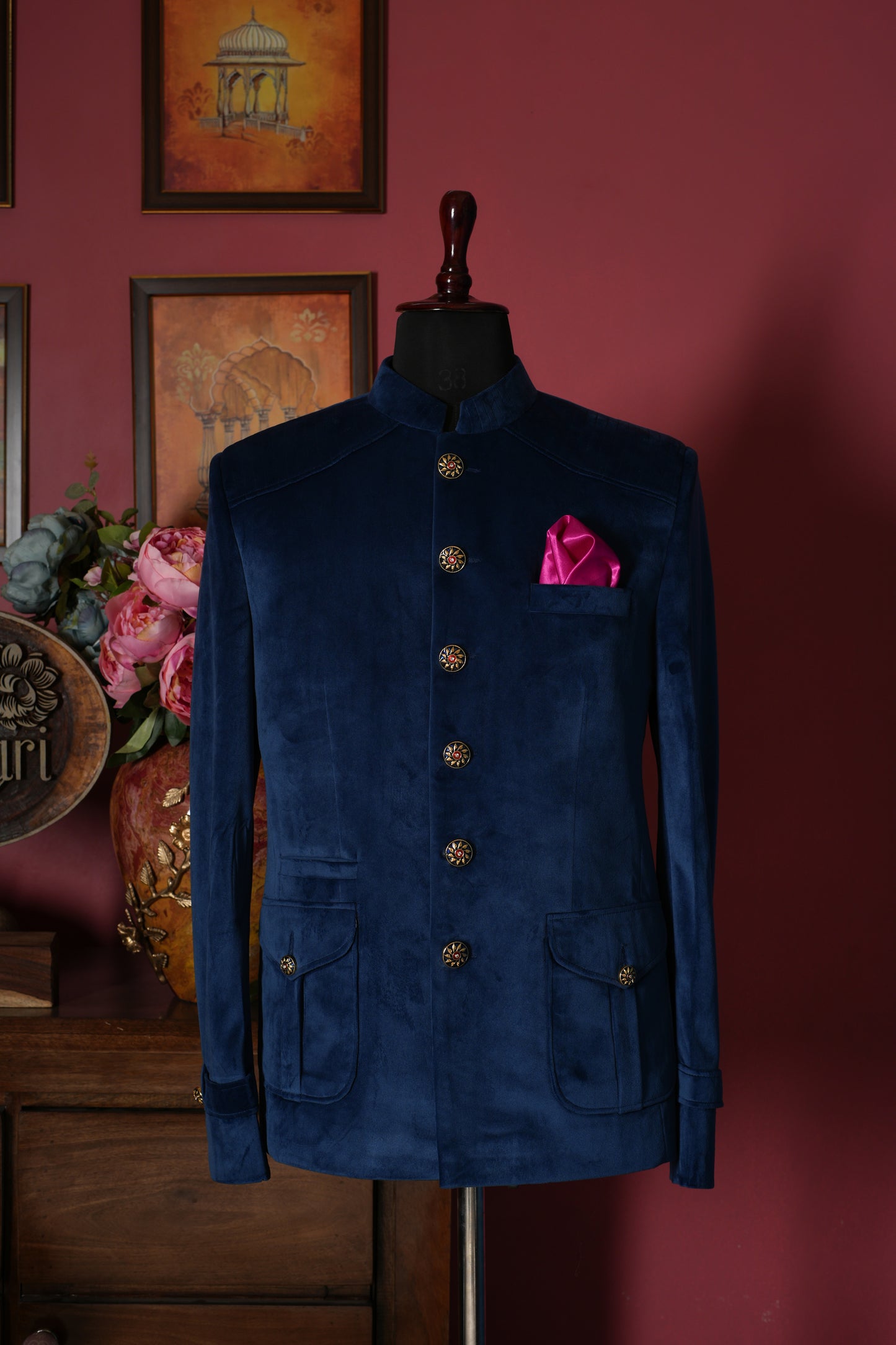 Teal Blue Designer Velvet Jodhpuri Blazer