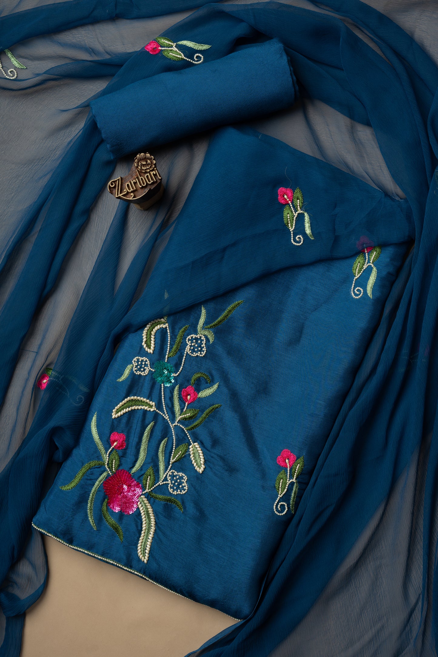 Teal Blue Resham Sequins Butta Pure Dola Silk Unstitched Suit