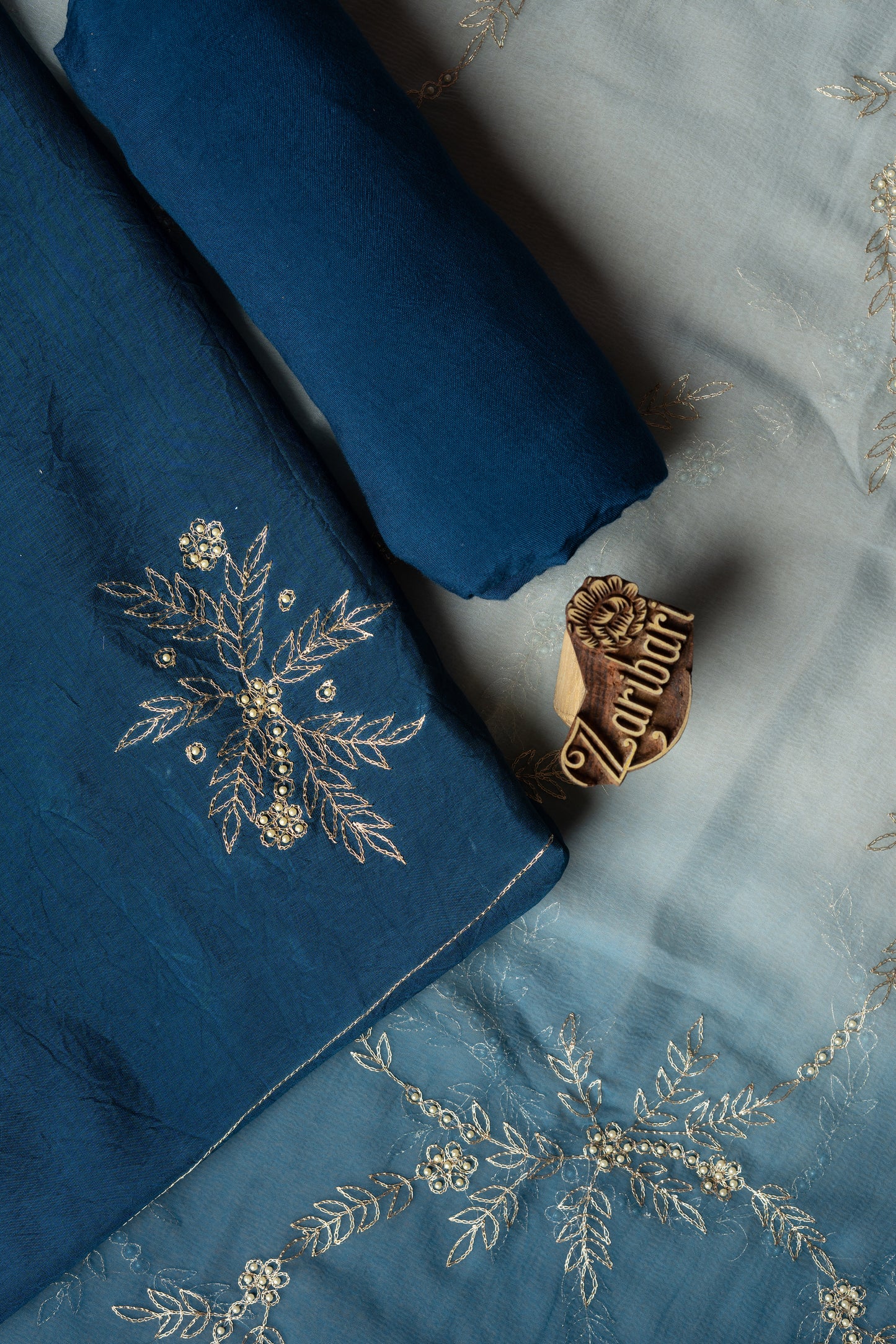 Teal Blue Zari Phali Butta Russian Silk D3 Unstitched Suit