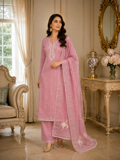 Pink Embroidered Unstitched Suit Set with Dupatta | Zaribari