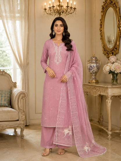 Pink Embroidered Unstitched Suit Set with Dupatta | Zaribari