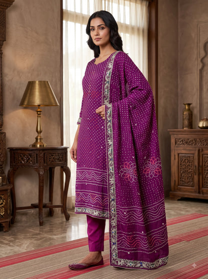 Pure Bandhej Unstitched Suit Set with handworked Kurta Fabric, bottom Fabric & Designer Dupatta