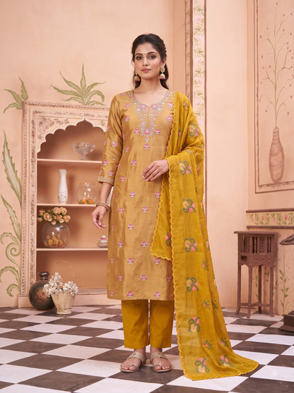 Zaribari Mustard Yellow Embroidered Unstitched Suit Set with Dupatta