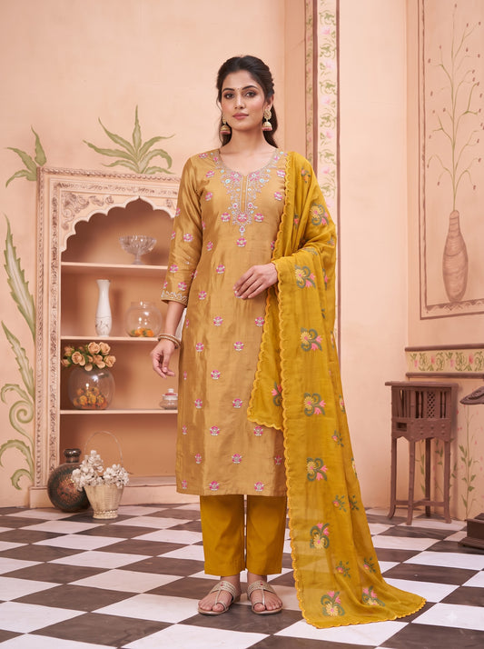 Zaribari Mustard Yellow Embroidered Unstitched Suit Set with Dupatta