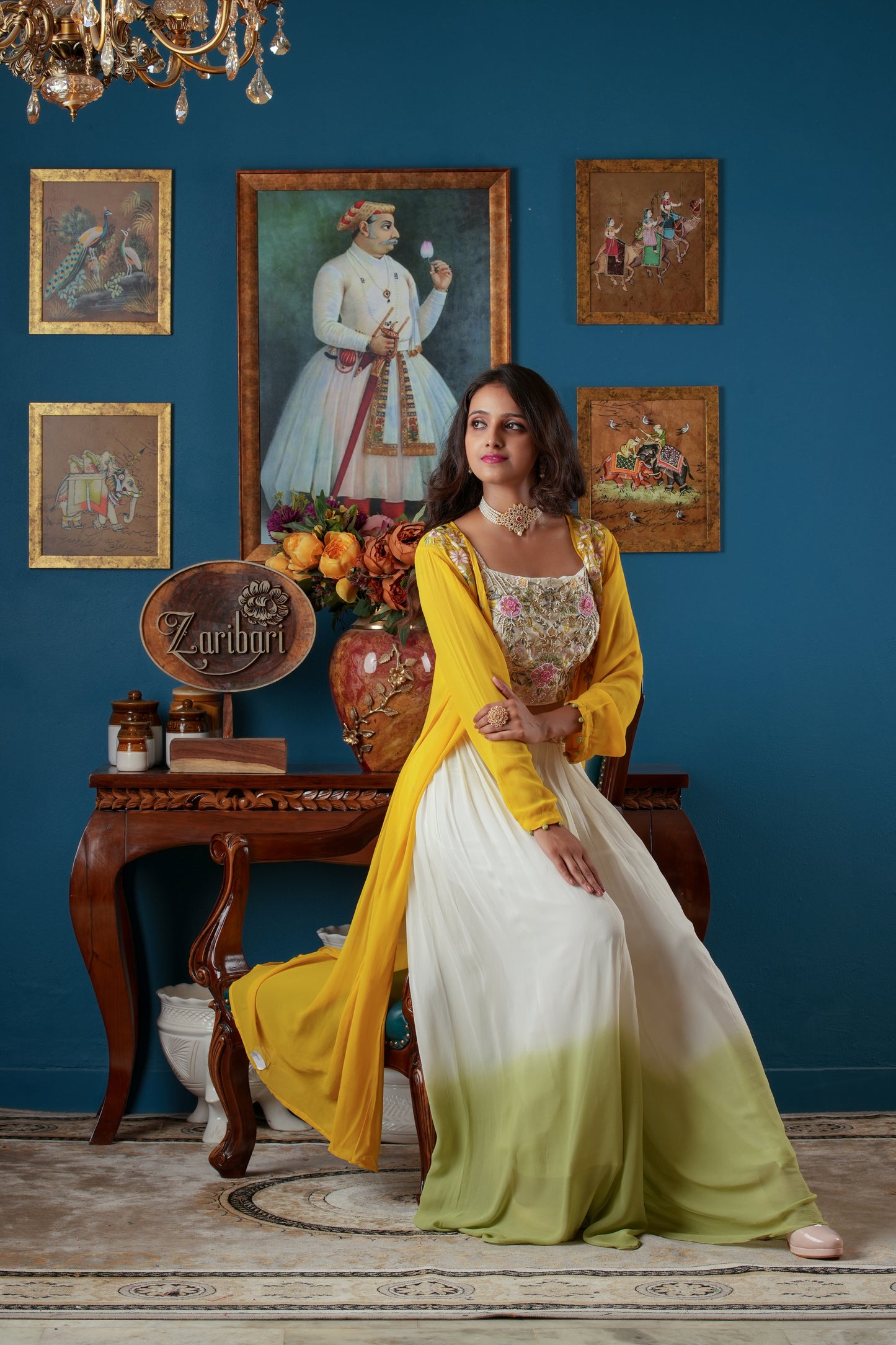 Yellow Off White Designer S3 Georgette Plazo Set