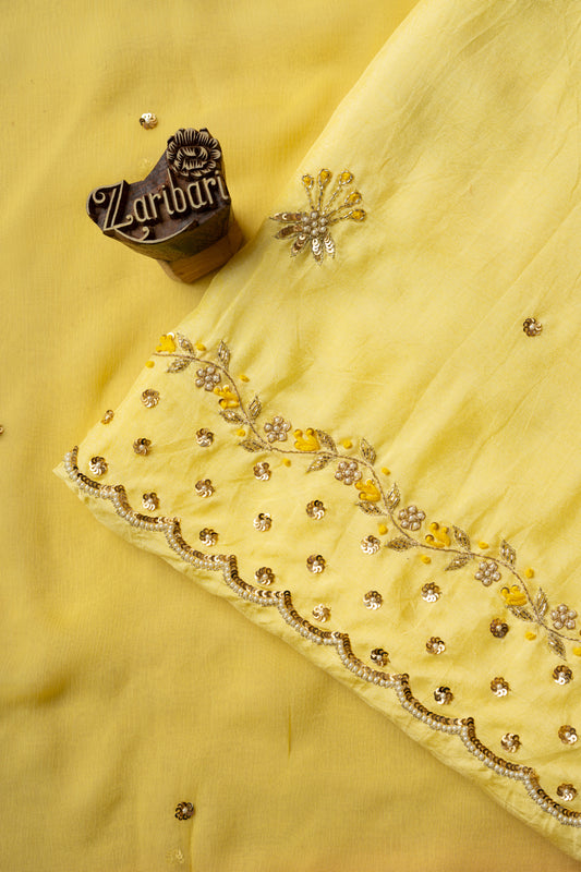 Yellow Anchor Knot Butti Russian Silk D3 Unstitched Suit