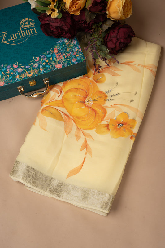 Yellow Brush Paint Chiffon Saree