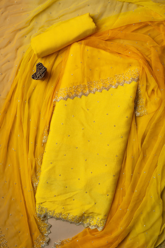 Yellow Cut Work Daman Border Russian Silk D5 Unstitched Suit