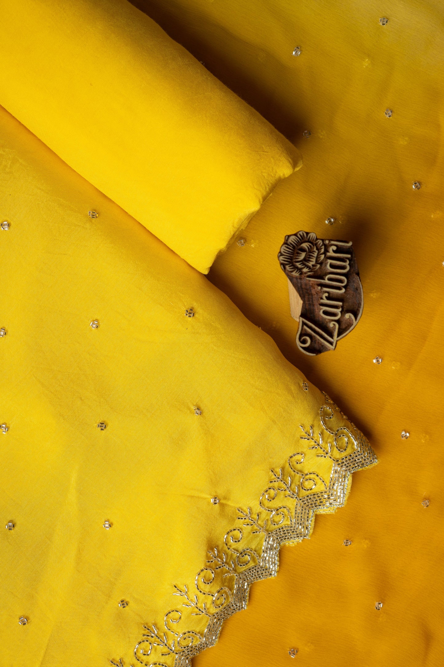 Yellow Cut Work Daman Border Russian Silk D5 Unstitched Suit