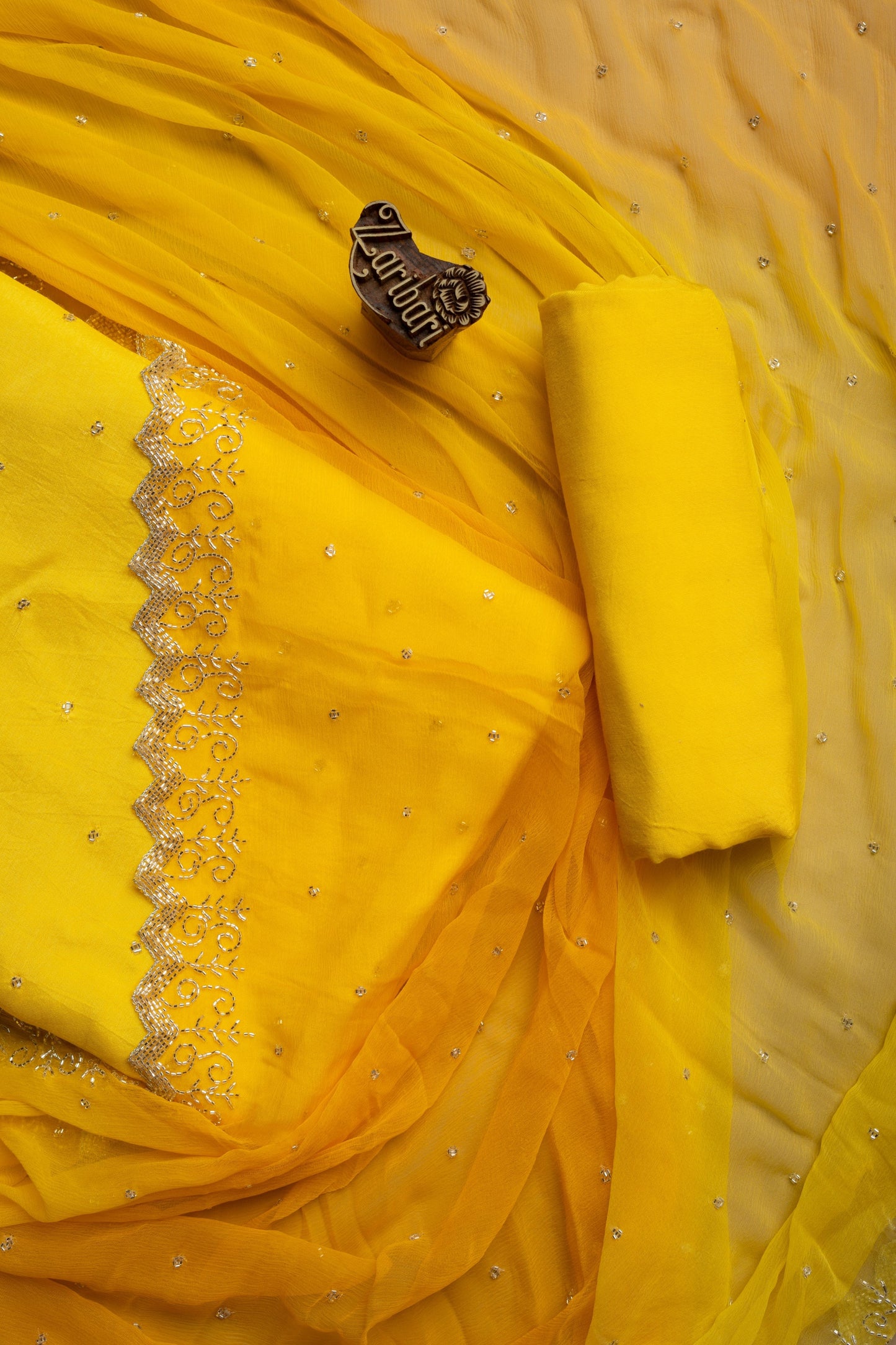 Yellow Cut Work Daman Border Russian Silk D5 Unstitched Suit