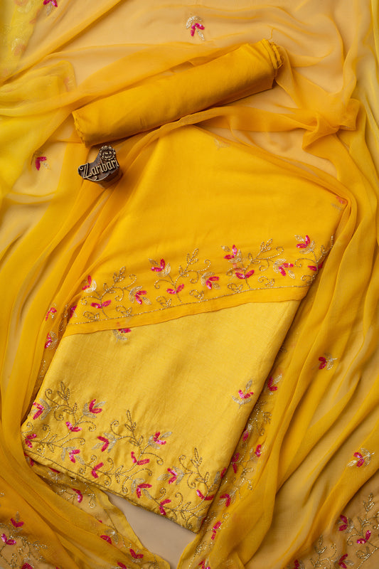 Yellow Daman Border Pure Dola Silk D2 Unstitched Suit