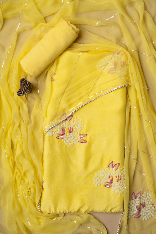 Yellow Daman Butti Pure Dola Silk D1 Unstitched Suit