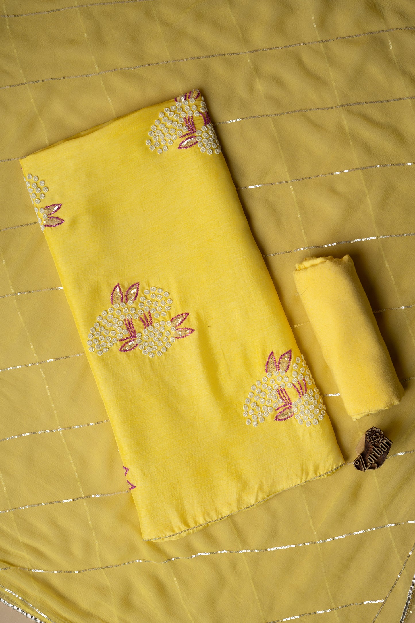 Yellow Daman Butti Pure Dola Silk D1 Unstitched Suit