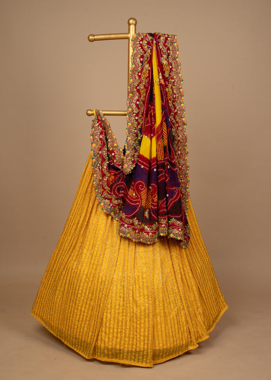 Yellow Designer Kardana Line Georgette Lehenga