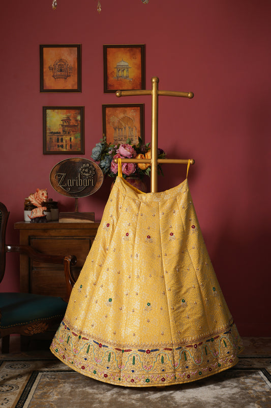 Yellow Designer Mehrav Border Banarsi Kimkhab Silk Lehenga