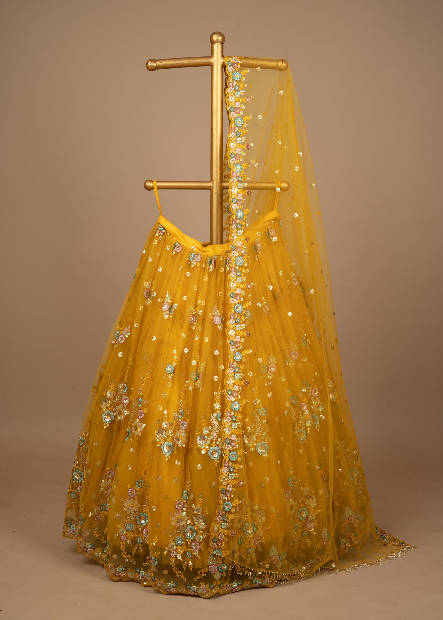 Yellow Designer Thread Cut Work Net Lehenga