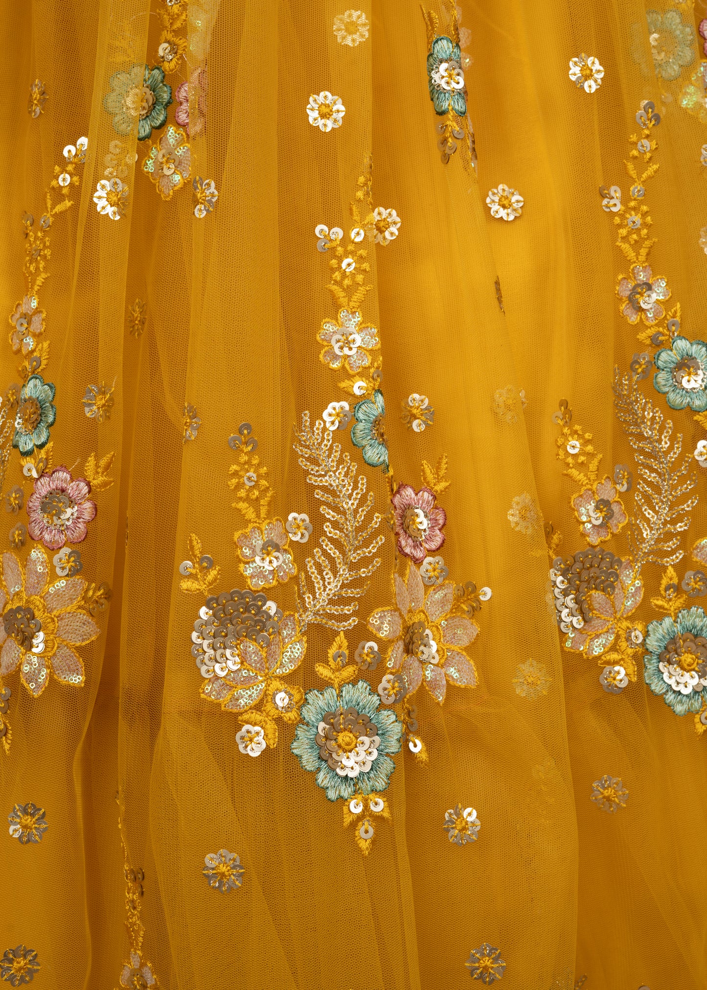 Yellow Designer Thread Cut Work Net Lehenga