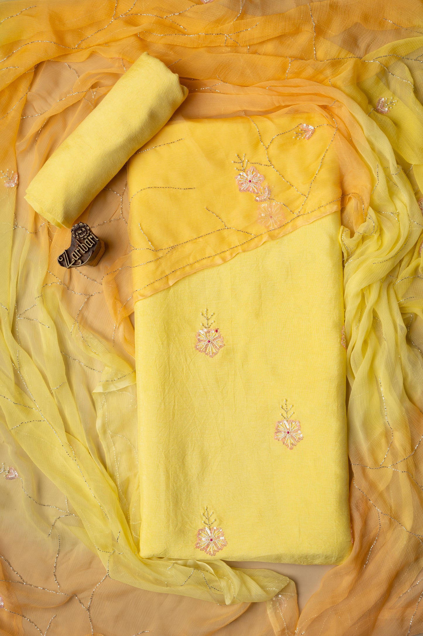 Yellow Pink Sequins Moti Butta Russian Silk D4 Unstitched Suit