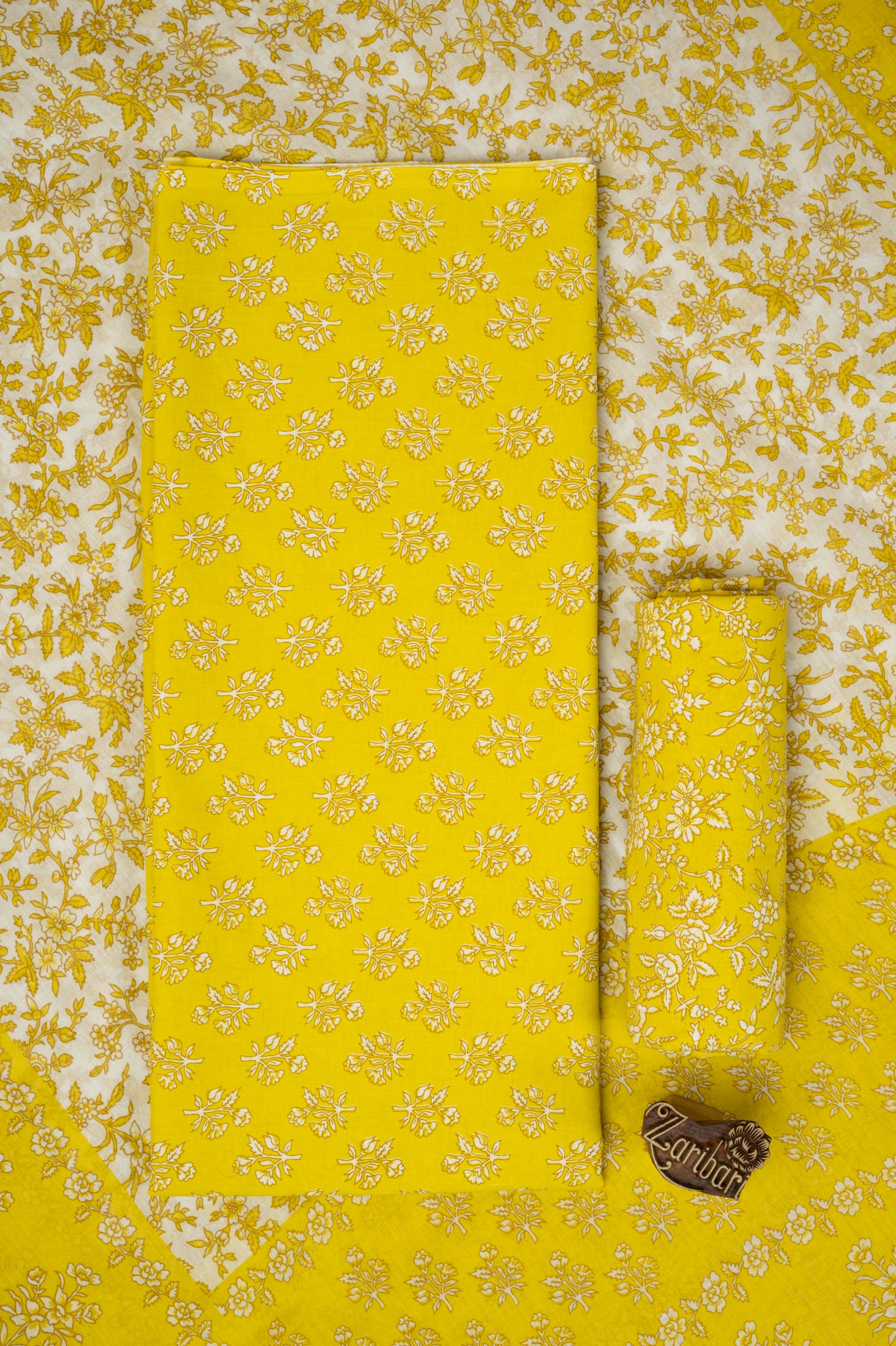 Yellow Printed D1 Cotton Unstitched Suit