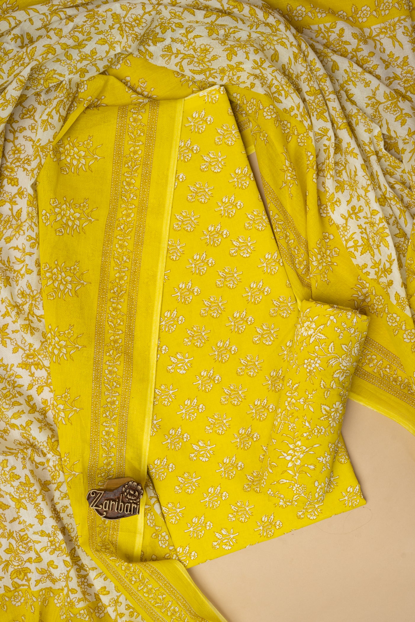 Yellow Printed D1 Cotton Unstitched Suit