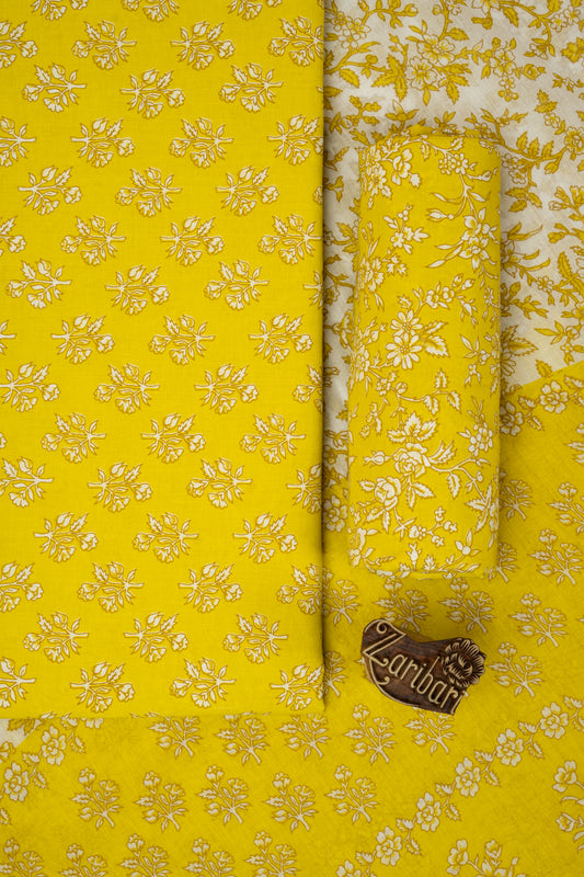 Yellow Printed D1 Cotton Unstitched Suit