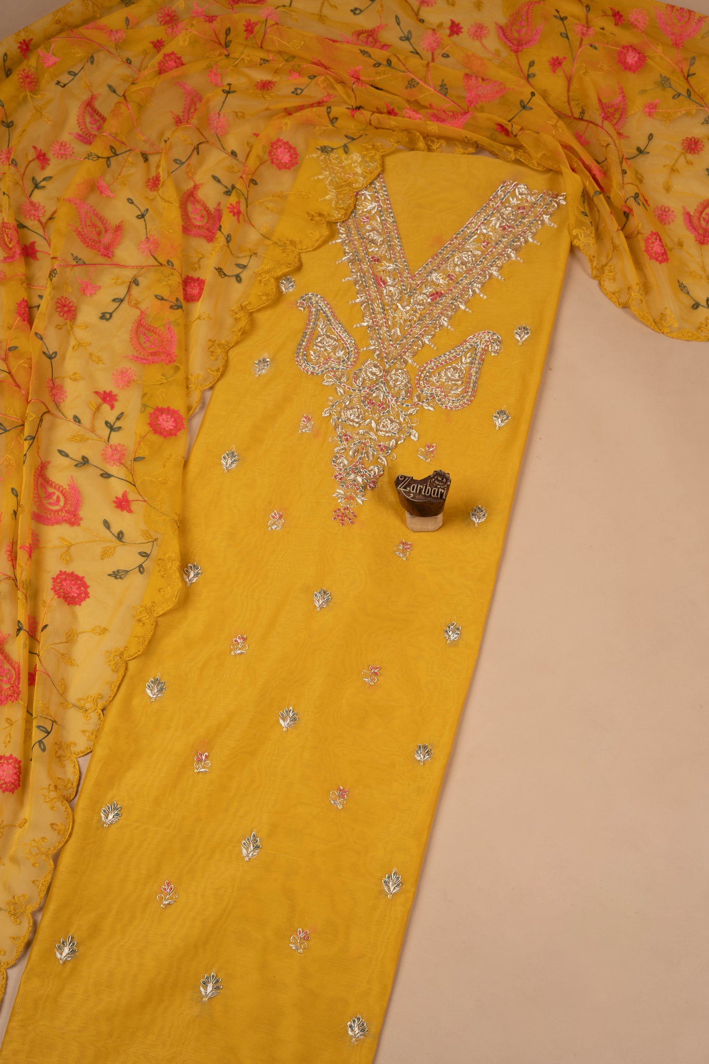 Yellow R5007 Chanderi Silk Unstitched Suit