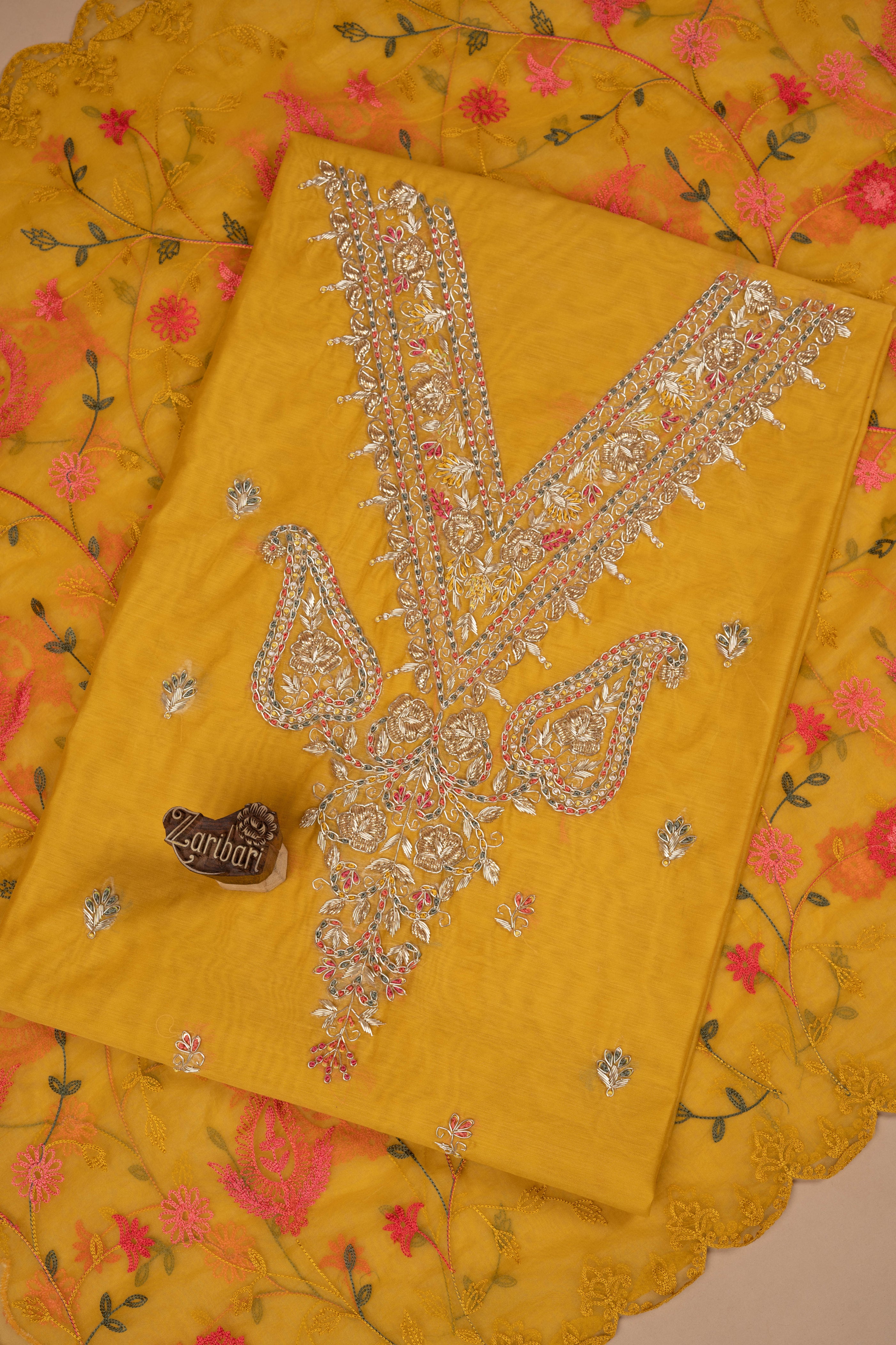 Shyamal Chikan Hand Embroidered Natural Fawn Tissue Chanderi Lucknowi