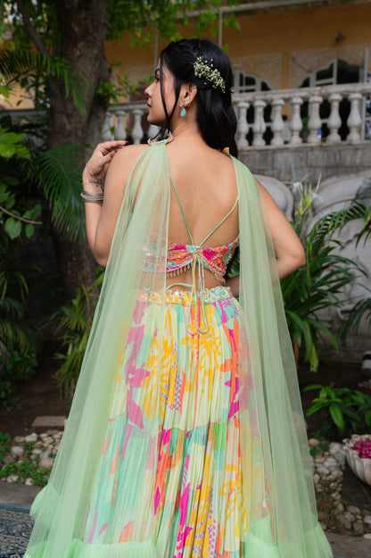 Turquoise Green Muslin Indo Western Set with Digital Print Sequins Work