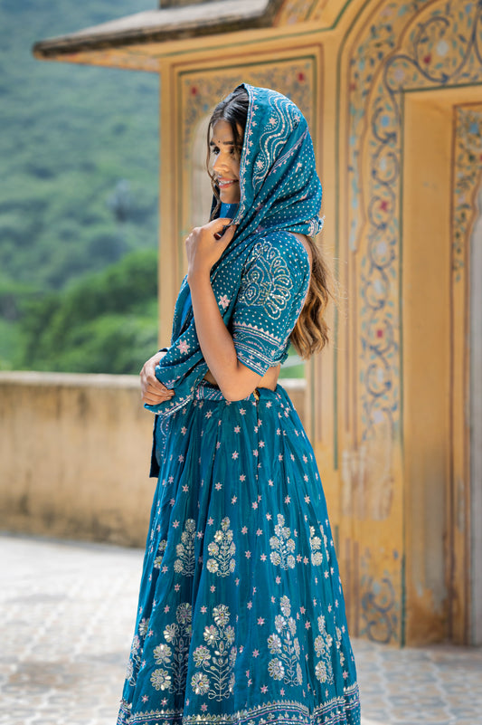Eastern Blue Gajji Silk Digital Bandhej Lehenga with Marodi and Gota Patti Work