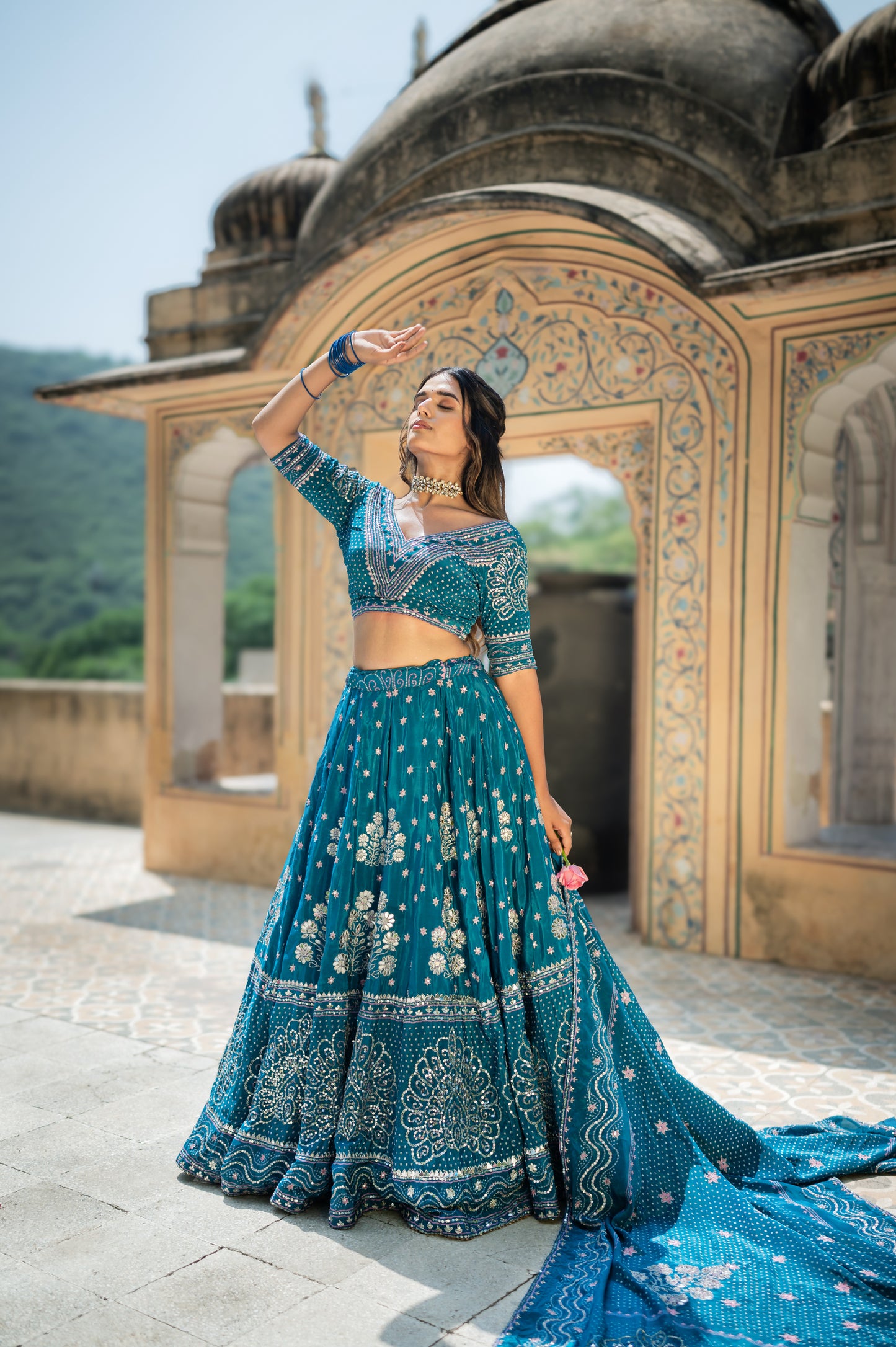 Teal Blue Bandhej Gota Pati Design Crepe Lehenga