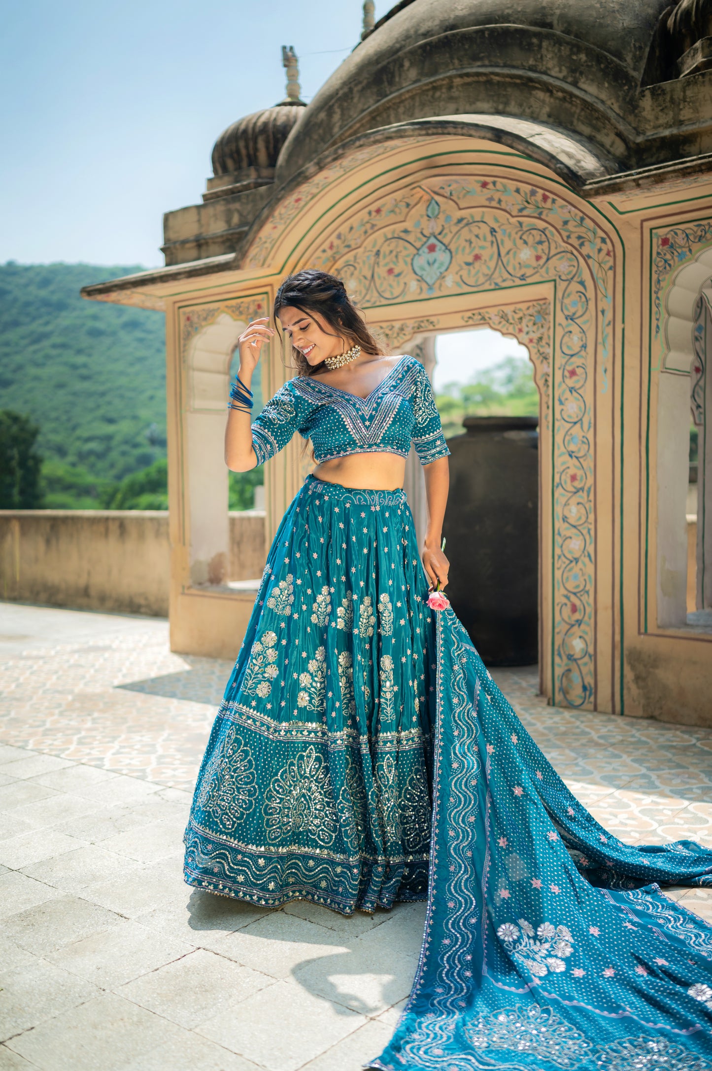 Teal Blue Bandhej Gota Pati Design Crepe Lehenga