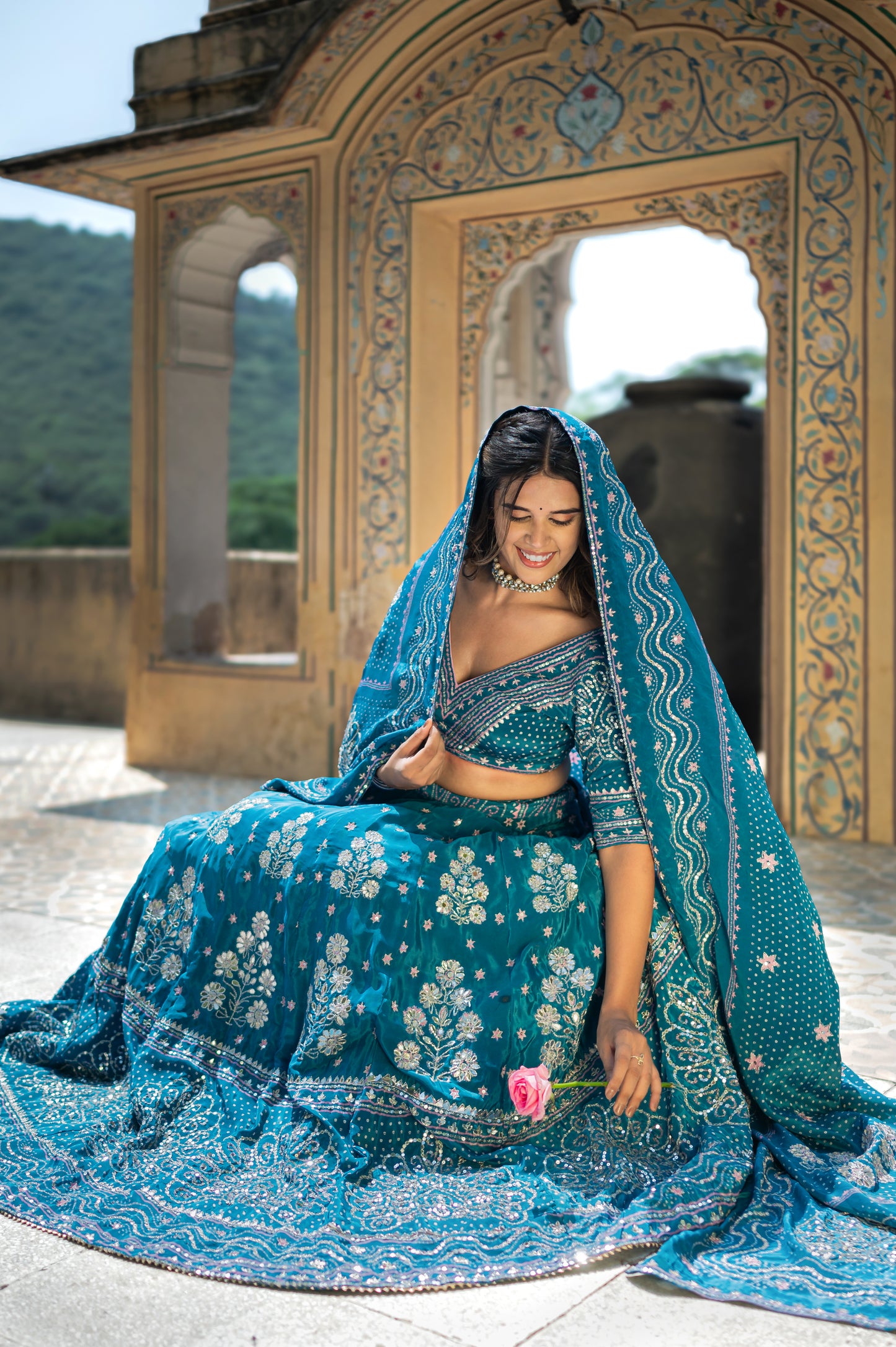 Teal Blue Bandhej Gota Pati Design Crepe Lehenga