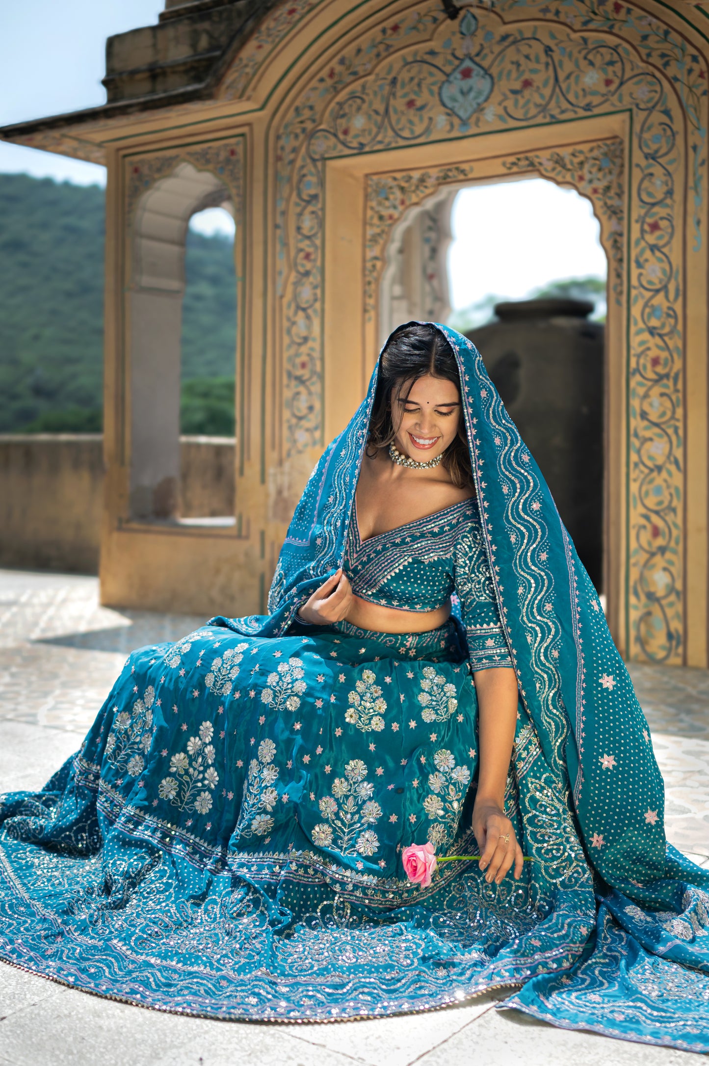 Eastern Blue Gajji Silk Digital Bandhej Lehenga with Marodi and Gota Patti Work