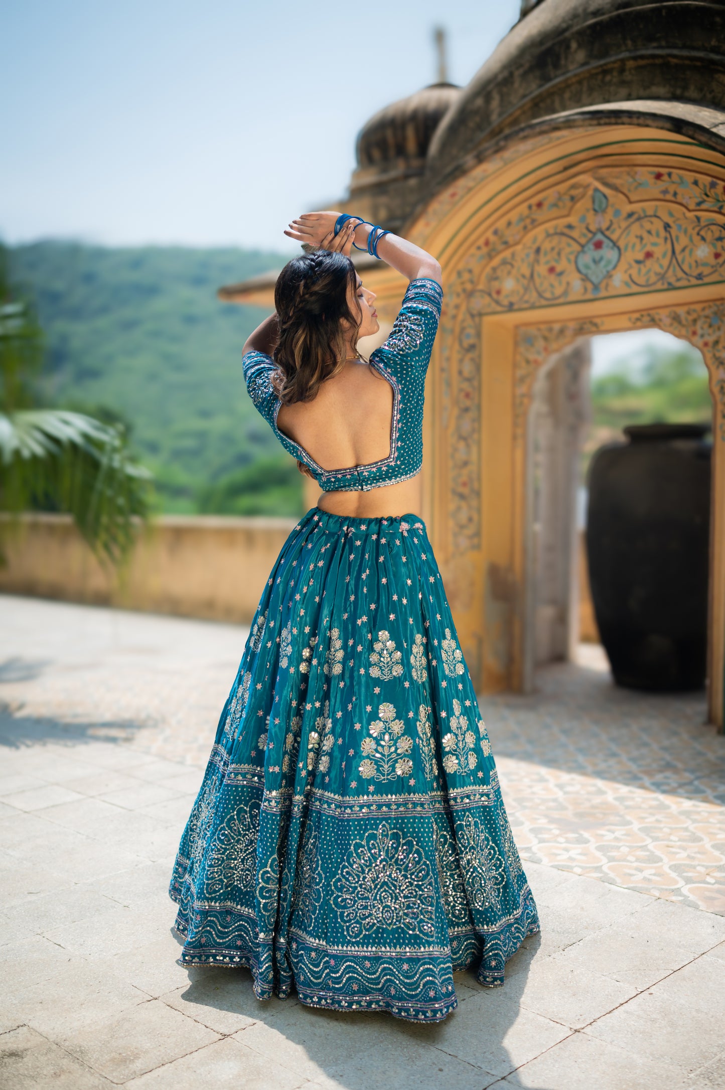 Eastern Blue Gajji Silk Digital Bandhej Lehenga with Marodi and Gota Patti Work