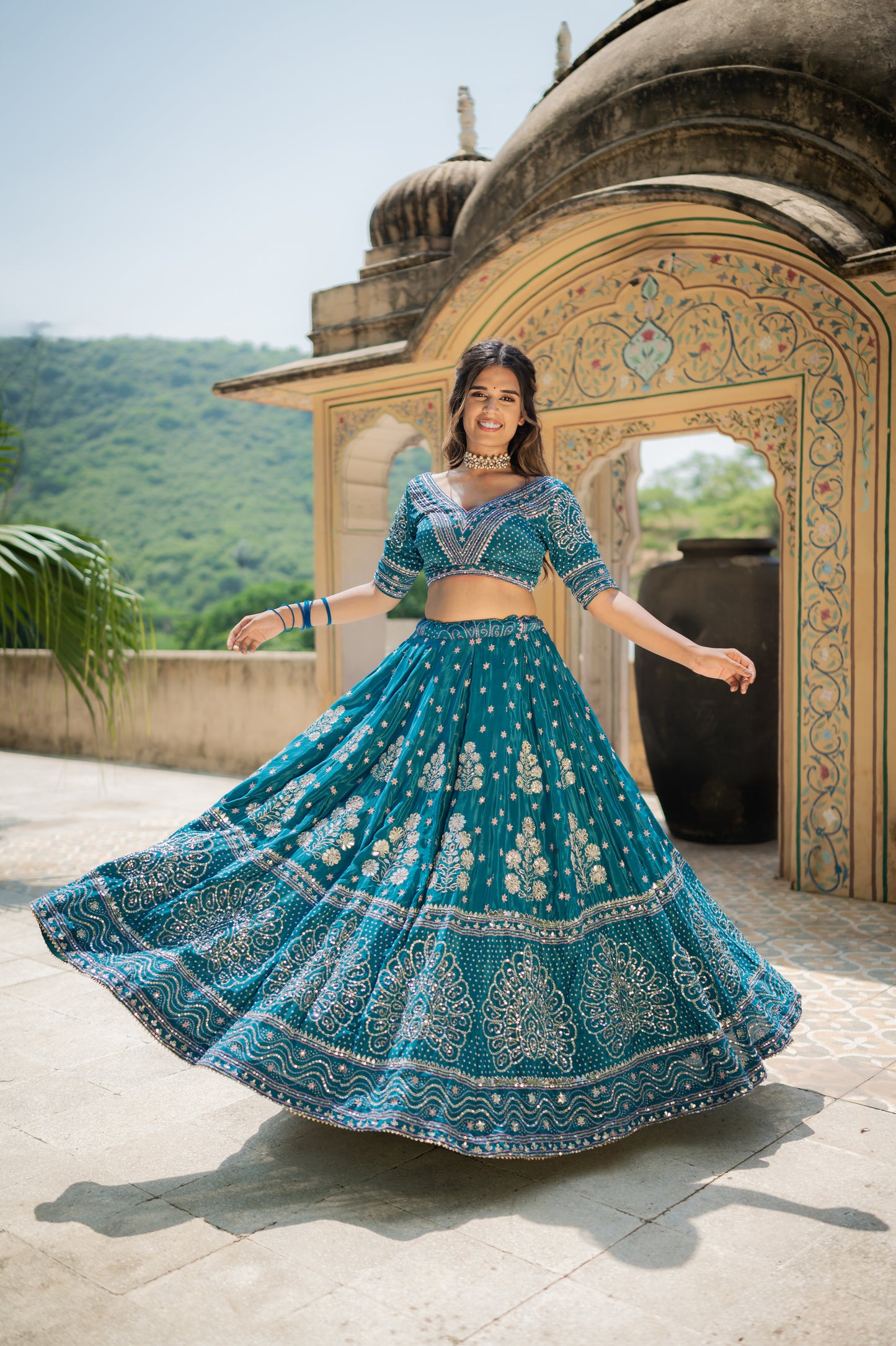 Teal Blue Bandhej Gota Pati Design Crepe Lehenga