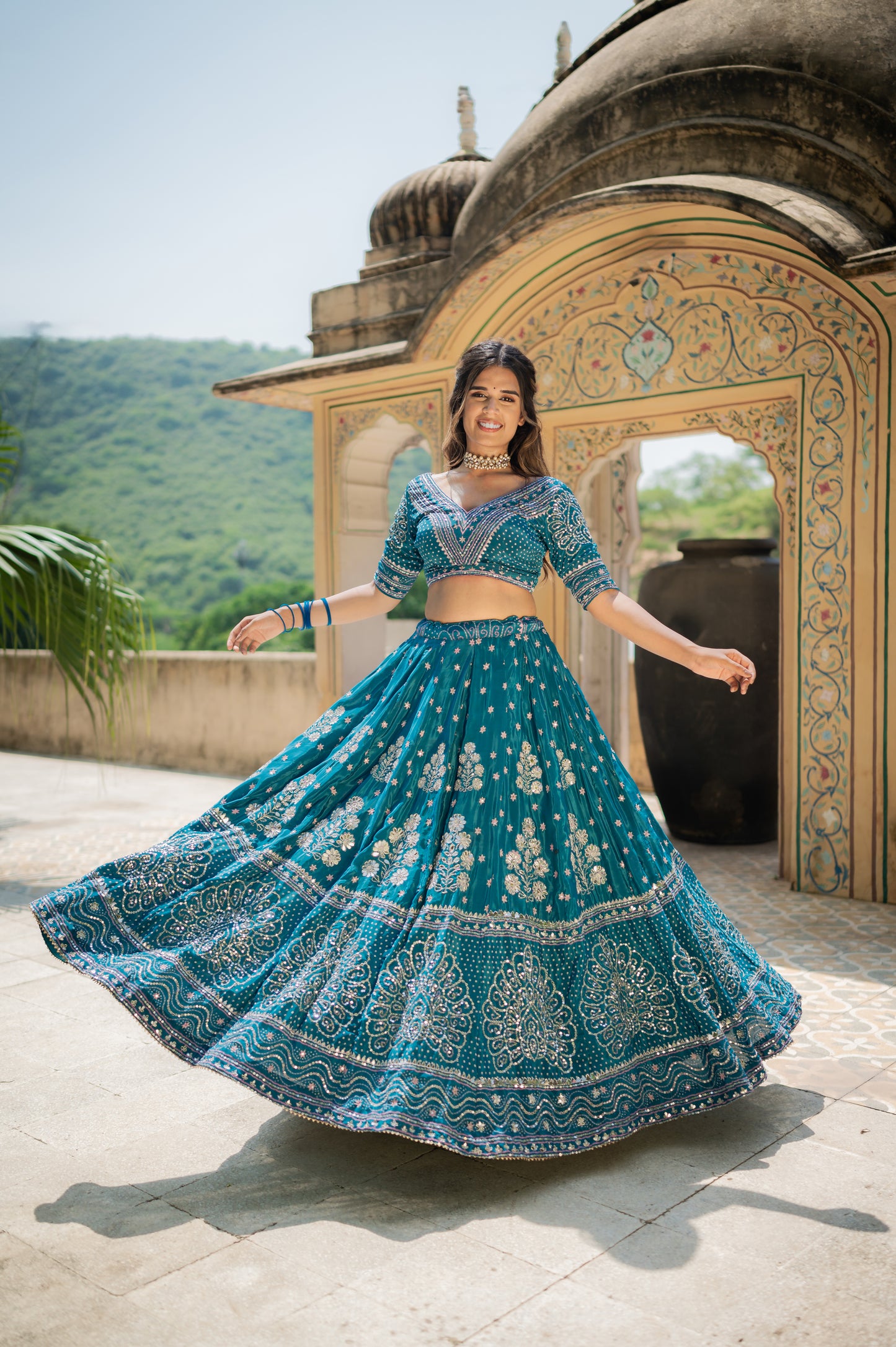Eastern Blue Gajji Silk Digital Bandhej Lehenga with Marodi and Gota Patti Work