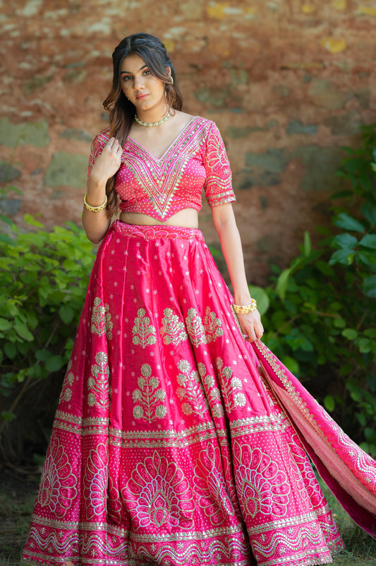 Pink Bandhej Gota Pati Design Lehenga