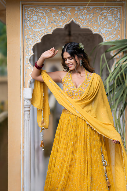Satin Sheen Gold Chinon Lehenga with Aari Sequins Work