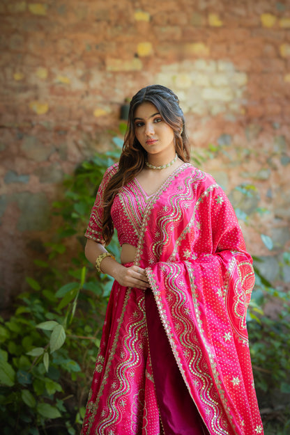 Pink Red Gajji Silk Digital Bandhej Lehenga with Marodi and Gota Patti Work